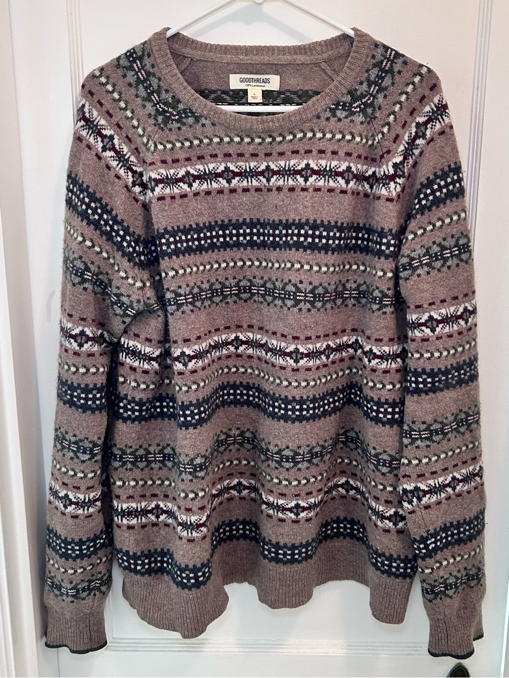 Goodthreads Brown Fair Isle Crewneck Pullover Knit Lambs Wool Sweater Men’s L